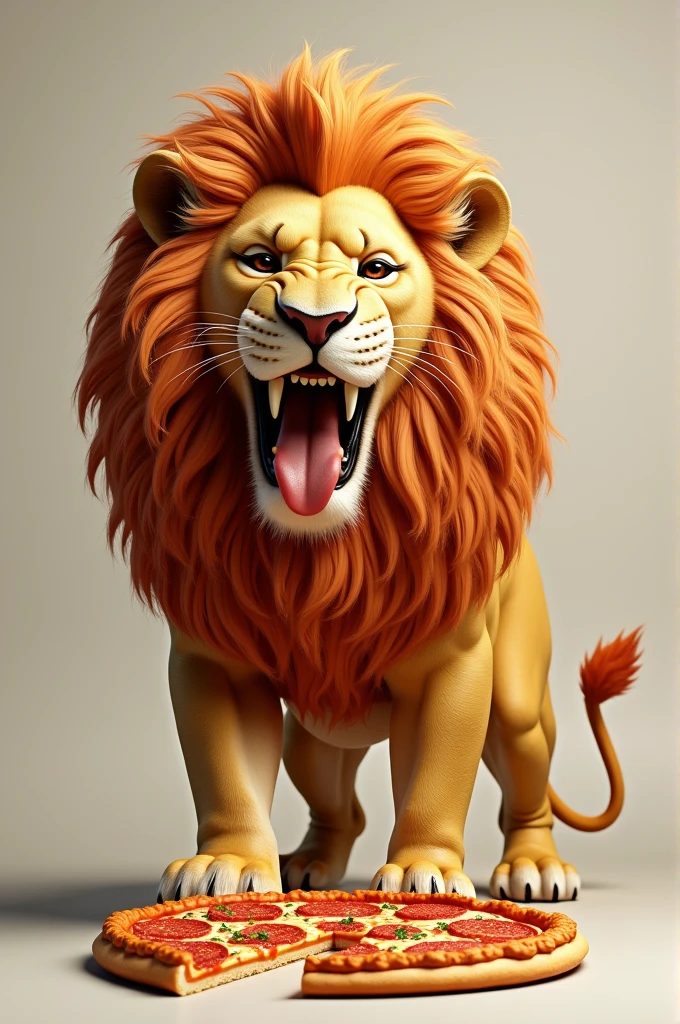 Un lion avec le corp d'une pizza qui mange une autres pizza