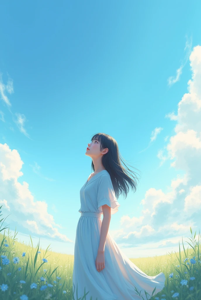 Highest quality， masterpiece， Ultra-high resolution， Realistically，stretch，Beautiful clear sky，Gazing at the sky,Wide angle,A girl is standing