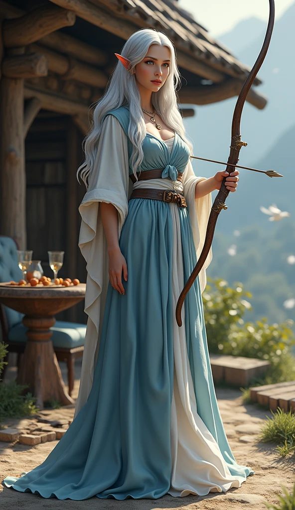 Full-body portrait. A beautiful silver-haired elven woman. carrying a bow and arrow in blue and white clothes. is standing while flying a dove.  Behind her is a wooden table and a wooden chair and wooden glasses. The background is a simple house full of shiny brown wood in an elf village. The background of the house is a beautiful fairy village. This scene is a very detailed and professional 3D digital art. Masterpiece