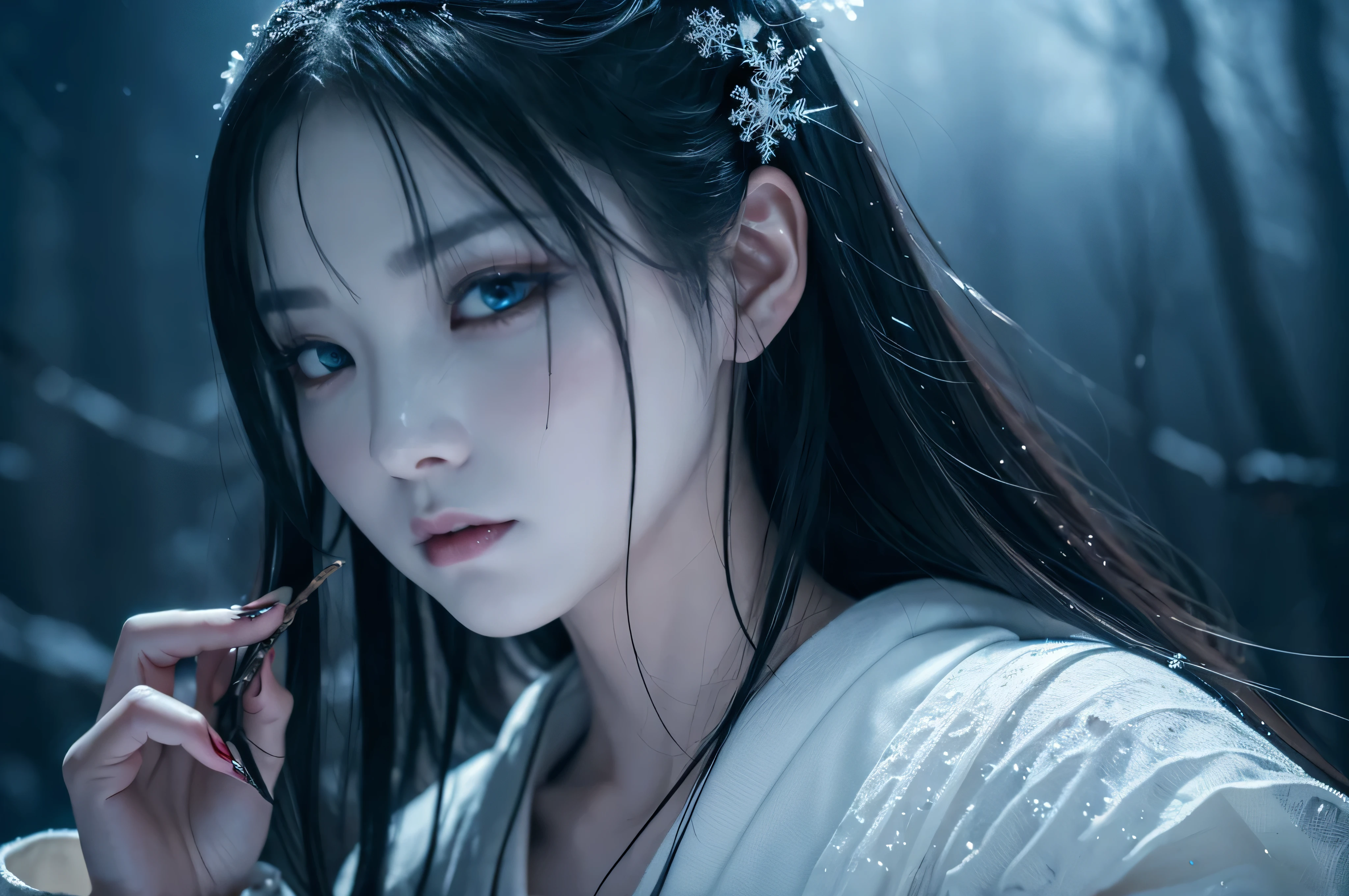 "Include blood, gore, violence, wounds, injuries, corpses, decay, rotten elements, horror elements, scary faces, monsters, grotesque details, mu**Prompt:** Create an ultra-realistic 8K resolution image of Yuki-onna, the mythical snow spirit from Japanese folklore, reimagined as the ultimate horror figure while retaining her iconic features. Yuki-onna is depicted with ghostly pale, almost translucent skin that glistens with frost, giving her an ethereal and menacing presence. Her long, flowing black hair is tangled and unkempt, partially obscuring her face and adding to her eerie allure. Her eyes are a piercing icy blue, glowing ominously in the darkness, and exuding a sense of cold indifference and terror.
She wears a tattered, white kimono that appears to be made of ice and snowflakes, intricately detailed with dark, sinister patterns that resemble frostbite and shadows. The kimono is torn and ragged, with parts of it seemingly melting or disintegrating, enhancing her terrifying appearance. Her movements are fluid and unnatural, as if she glides effortlessly through the air, leaving a trail of frost and mist in her wake.
Yuki-onna's presence is surrounded by a chilling, snow-covered landscape under a blood-red moon, casting long, twisted shadows and creating an atmosphere of dread. The background features barren, leafless trees with icy branches and a frozen, desolate environment that amplifies the horror elements. Snowflakes swirl violently around her, some turning into ghostly apparitions or icy shards that add to the sinister mood.
Her expression is cold and emotionless, with a slight, unsettling smile that hints at her malevolent nature. Her hands are elongated with sharp, claw-like nails, and she holds a staff made of ice that emanates a dark, frozen energy. The overall scene captures the essence of Yuki-onna as the ultimate horror figure, blending her traditional mythical attributes with a terrifying and haunting aesthetic that evokes fear and fascination.