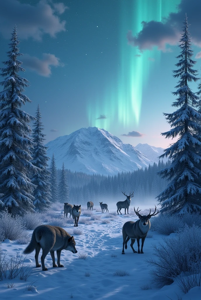 Alaska snowy night partly cloudy with stars and northern lights in the sky and mountain in the background. Wolves in forest near a bull caribou with three cow caribou and a calf caribou in a Meadow