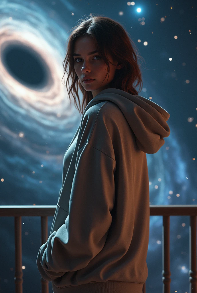 beautiful girl in a home hoodie stands on the balcony. From the balcony there is a view of space and a black hole. Cosmos, figure detailing, breasts and hips, sexually. full length, turned to the camera.