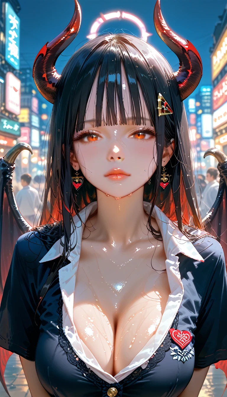 score_9, score_8_up,score_7_up,masterpiece, best quality, perfect anatomy, very aesthetic, official art, 8k,1girl,shiny skin ,gleaming skin,sweaty,seductive face,closed mouth,eyelashes,lips gloss,demon_girl,majestic wings,demon_wings,devil horns,(huge_breasts:1.2),black long hair,blunt bangs,hairclip,school uniform, short sleeve shirt,cleavage ,standing,from above ,night Tokyo,neon light