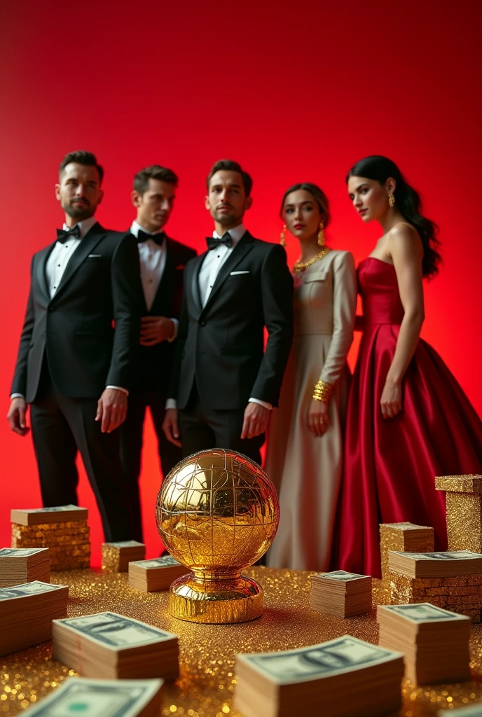 Golden Globe,gold,Dollar,chips,Men in suits,Low-cut beauty,Red background,The spectacle is spectacular,4D model,Domineering,International film special effects,The image quality is clear and detailed,high resolution,High Fidelity