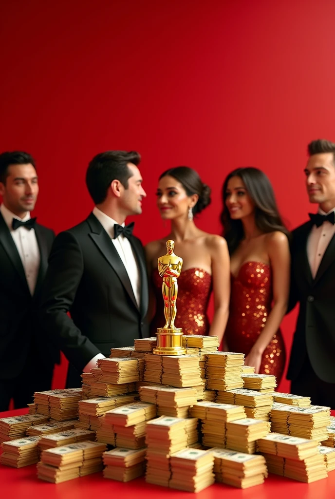 Golden Globe,gold,Dollar,chips,Men in suits,Low-cut beauty,Red background,The spectacle is spectacular,4D model,Domineering,International film special effects,The image quality is clear and detailed,high resolution,High Fidelity