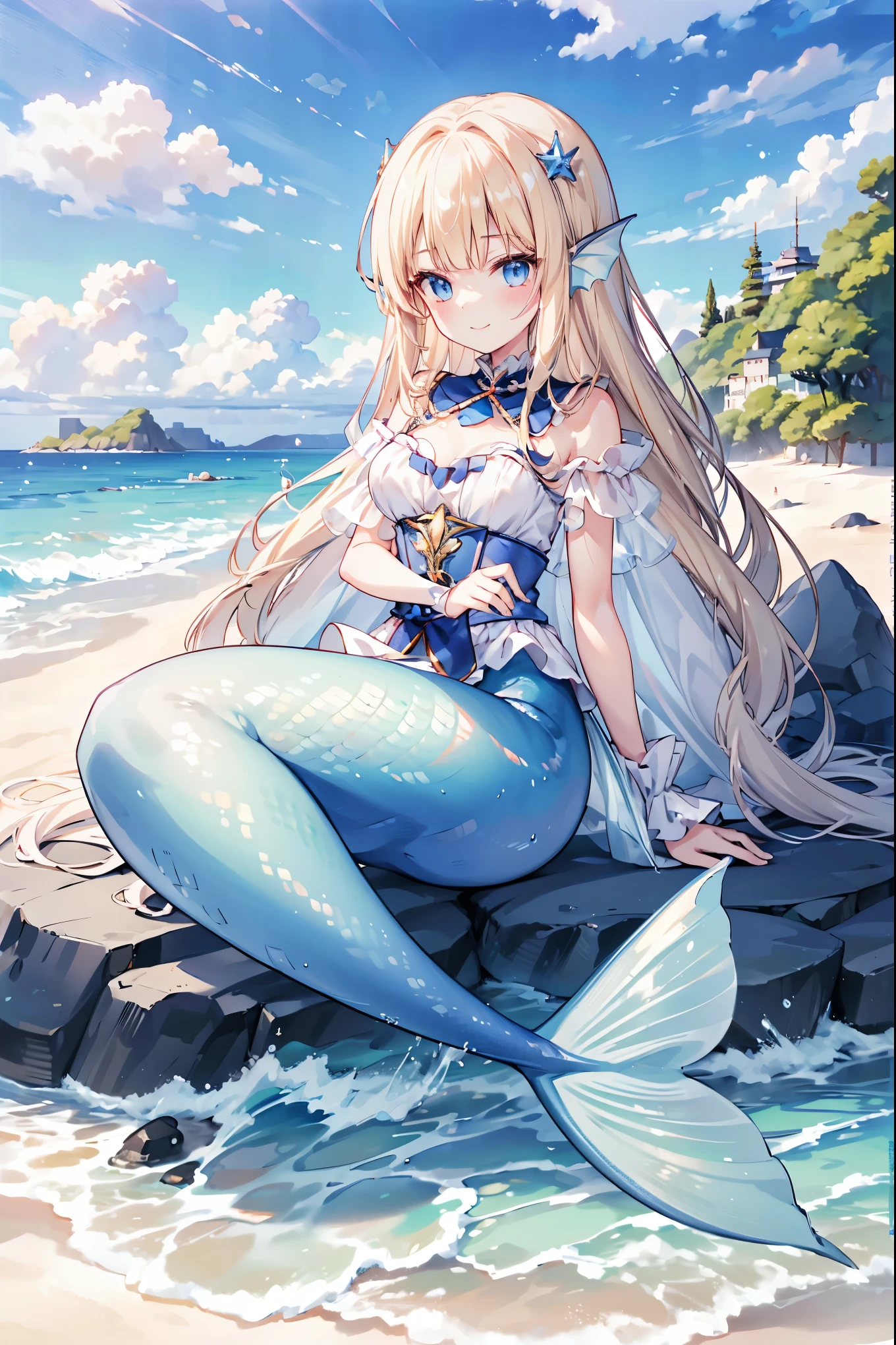 masterpiece, best quality,PrincessMia20,A girl,Head fin,Blue Eyes,blonde,独奏,Mermaid,蓝色的Mermaid尾巴,full-body shot,beach,Sea view,Smile,Sitting on the beach