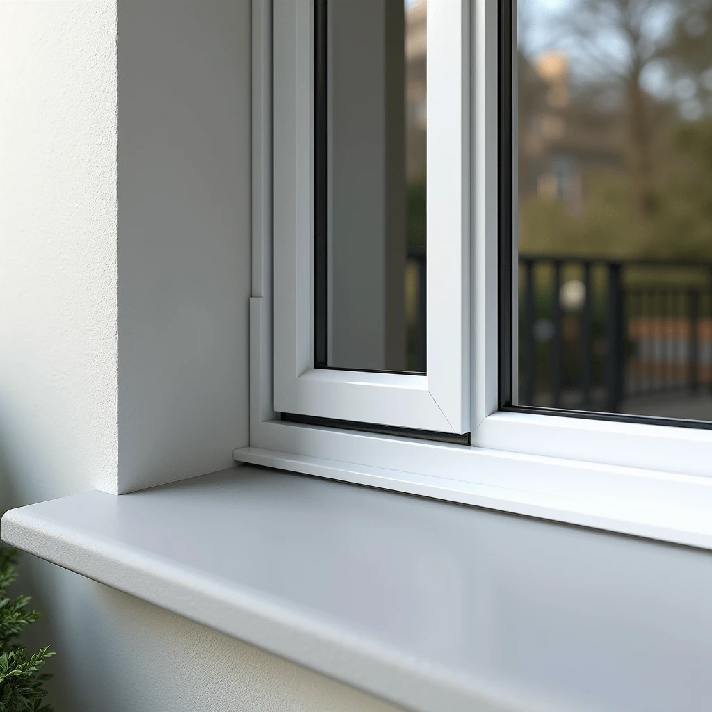 A professional and realistic image depicting the finished window slopes (reveals) around a balcony block, which includes both a window and a door. The image highlights the clean and precise installation of the window slopes, seamlessly integrating with both the window and door frames. The finishing is smooth and modern, enhancing the overall appearance of the balcony block. The scene is well-lit, showcasing the quality craftsmanship and attention to detail, emphasizing the expertise and reliability of the window and balcony block installation and finishing services offered by the company.