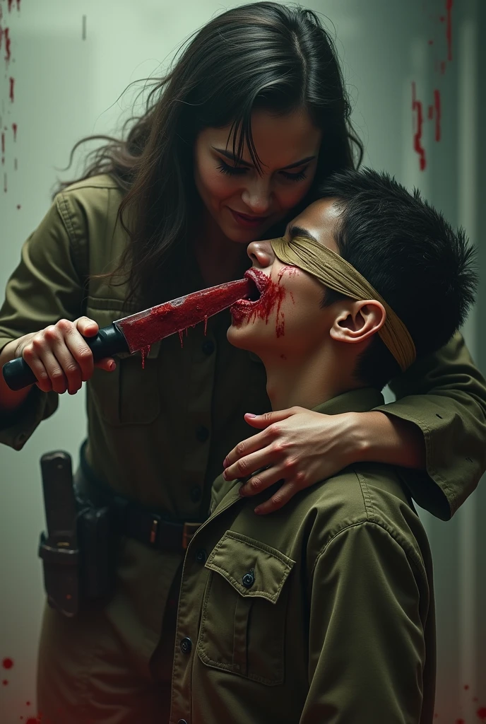 Indonesia A beautiful young Woman knife cut throat A boy soldier neck bloody splash, blindfold, full body, wide open throat, throat contents