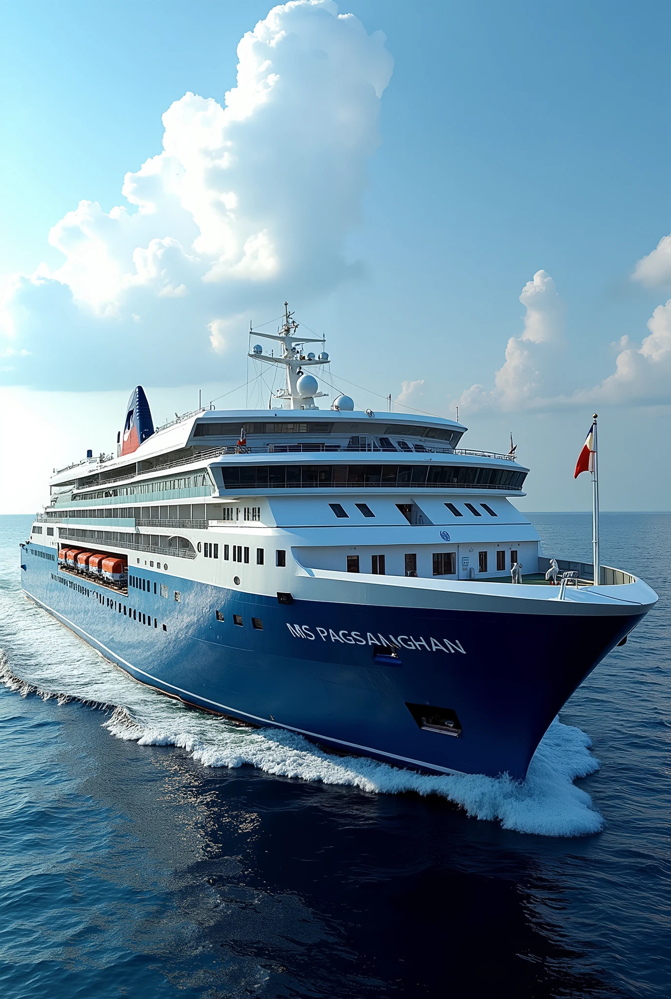 A Cruise car ferry named MS PAGSANGHAN with a blue hull and a philippine flag at the back of the ship with a car deck and door and a luxurious indoor mall and luxurious dining area with a lifeboat deck and side propellers
