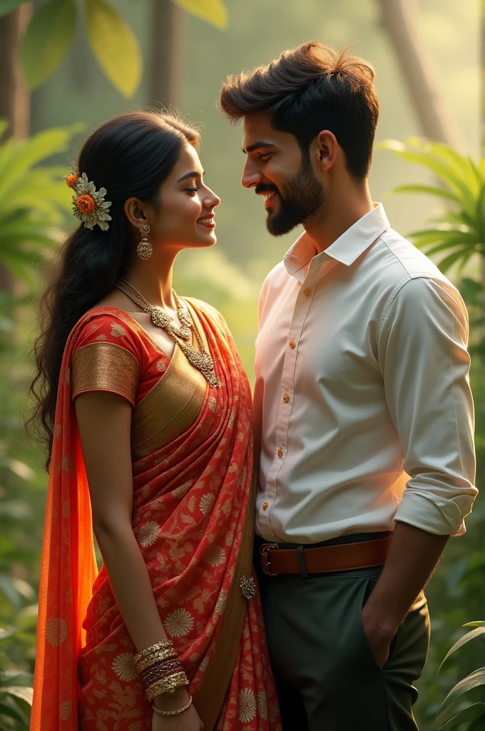 A girl wearing saree and boy wearing shirt