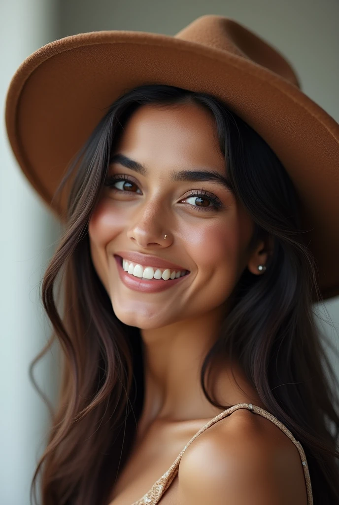 There is a young, Beautiful indian woman, who looks to the future like Katrina Kaif. Smiles into the camera, beautiful teeth. She stands there and looks into the camera, a portrait from raw photo, modern hat,