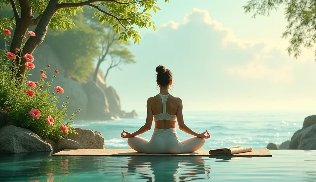 A serene background ,natural elements like flowing greenery, flowers, gentle waves, balanced mix of wellness items like a yoga mat, a woman practicing yoga or meditation in nature. “Find Your Balance, Live Your Best” in a clean, readable, modern font,