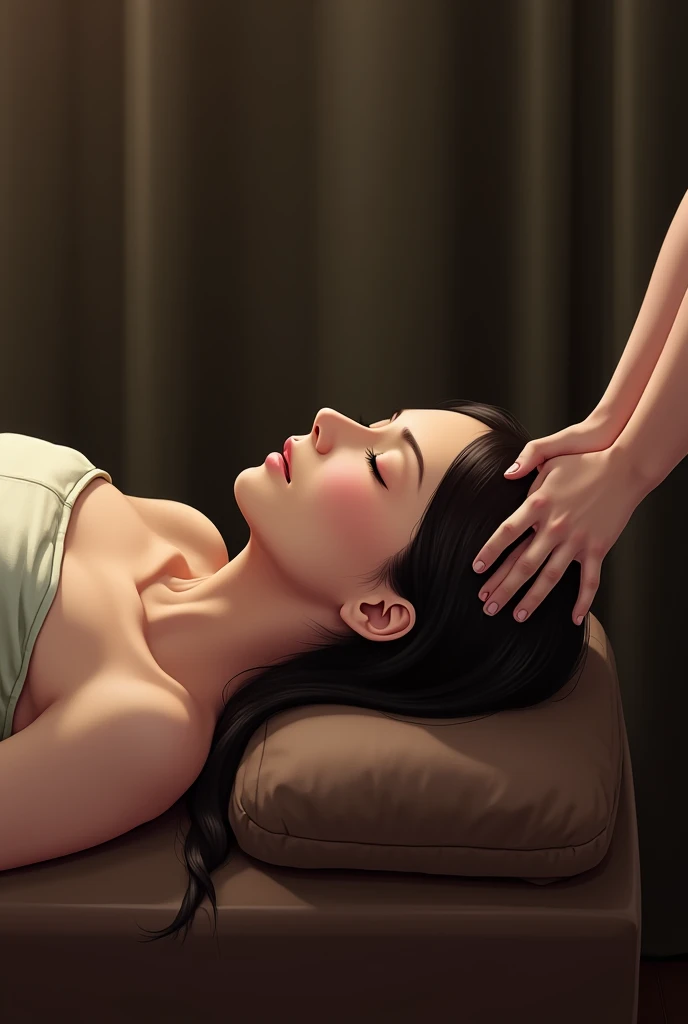 (Having your head massaged)Japanese women、Sleeping、Brown sofa、dim、512×768、profile、