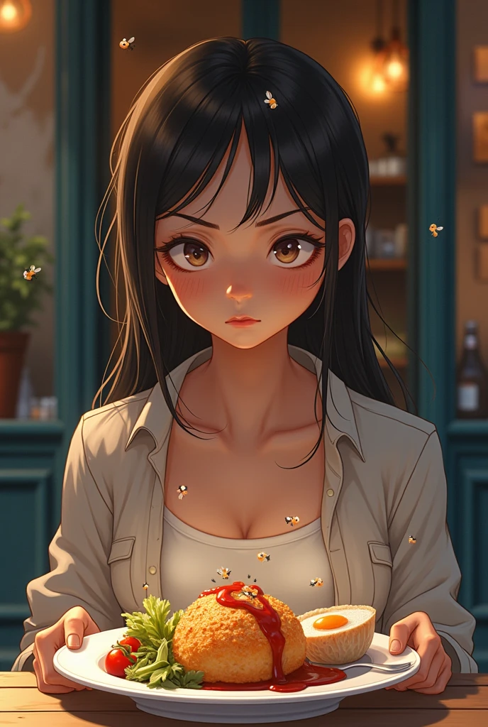 A female customer standing in front of a restaurant saw flies buzzing around her food and was dissatisfied.