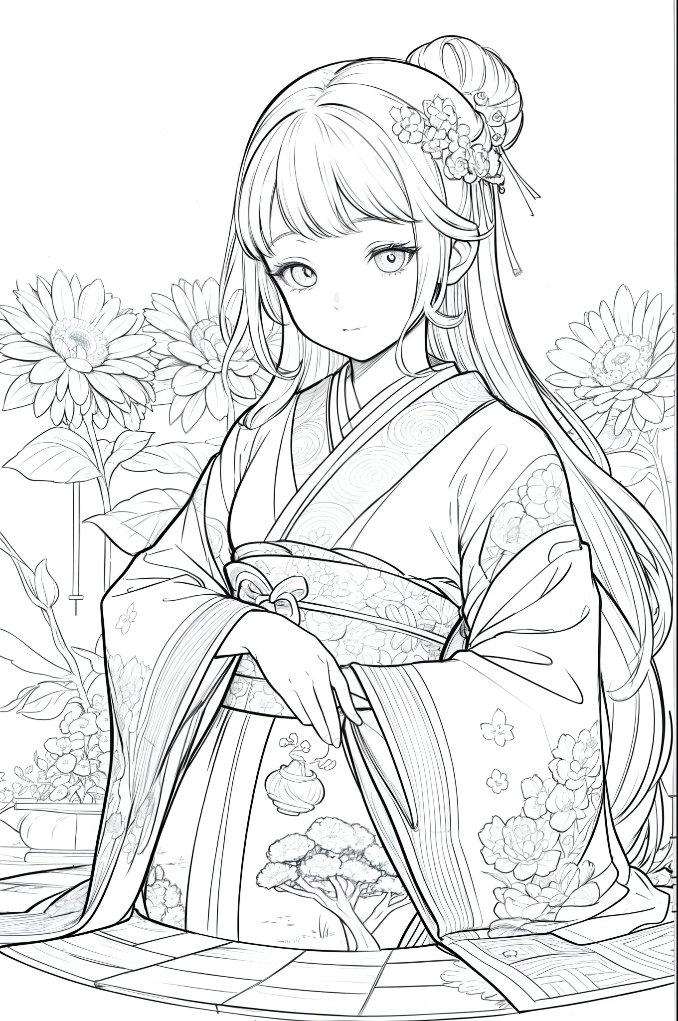 Masterpiece, top class, unique, cute, flowers, line drawing background, white background, monochrome, line drawing, ((sketch)), creepy, white eyes, create a monochrome coloring book that even adults can easily do, arrange flowers in a Japanese garden background, a realistic and cute ukiyo-e of a girl in a kimono, conveying Japanese culture.