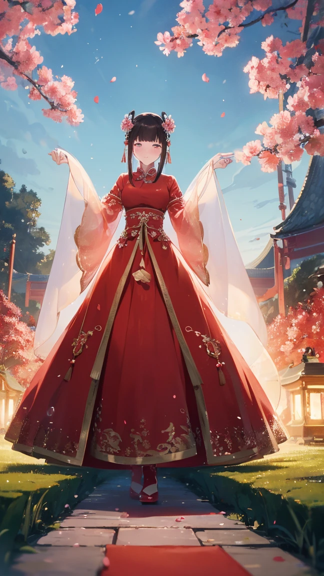 (Best quality,A high resolution,Clear image:1.2),Ultra-detailed background,Beautiful woman,standing on your feet，Red dress，Chinese style clothes,Delicate petals,Garden scene,Under the moonlight,Romantic atmosphere,Dutch Angle Shot,Soft lighting,shelmet, 8k