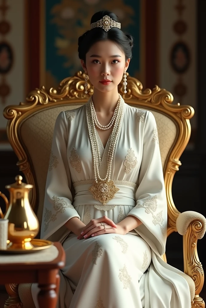 MMTD Burmese patterned traditional dress lady full body details, nice face, fair skin, traditional royal white dress, wearing Parel necklaces, traditional hair style, long scarf on shoulder, sitting on traditional style golden chair look like throne, traditional water jar , cup on tray on a classic table nearby, best composition, full view covered shot, cenimatic lightning and ultra realistic details, octane rendering, sharp focus, unreal engine,32k hd resolution, masterpiece of photography, pri