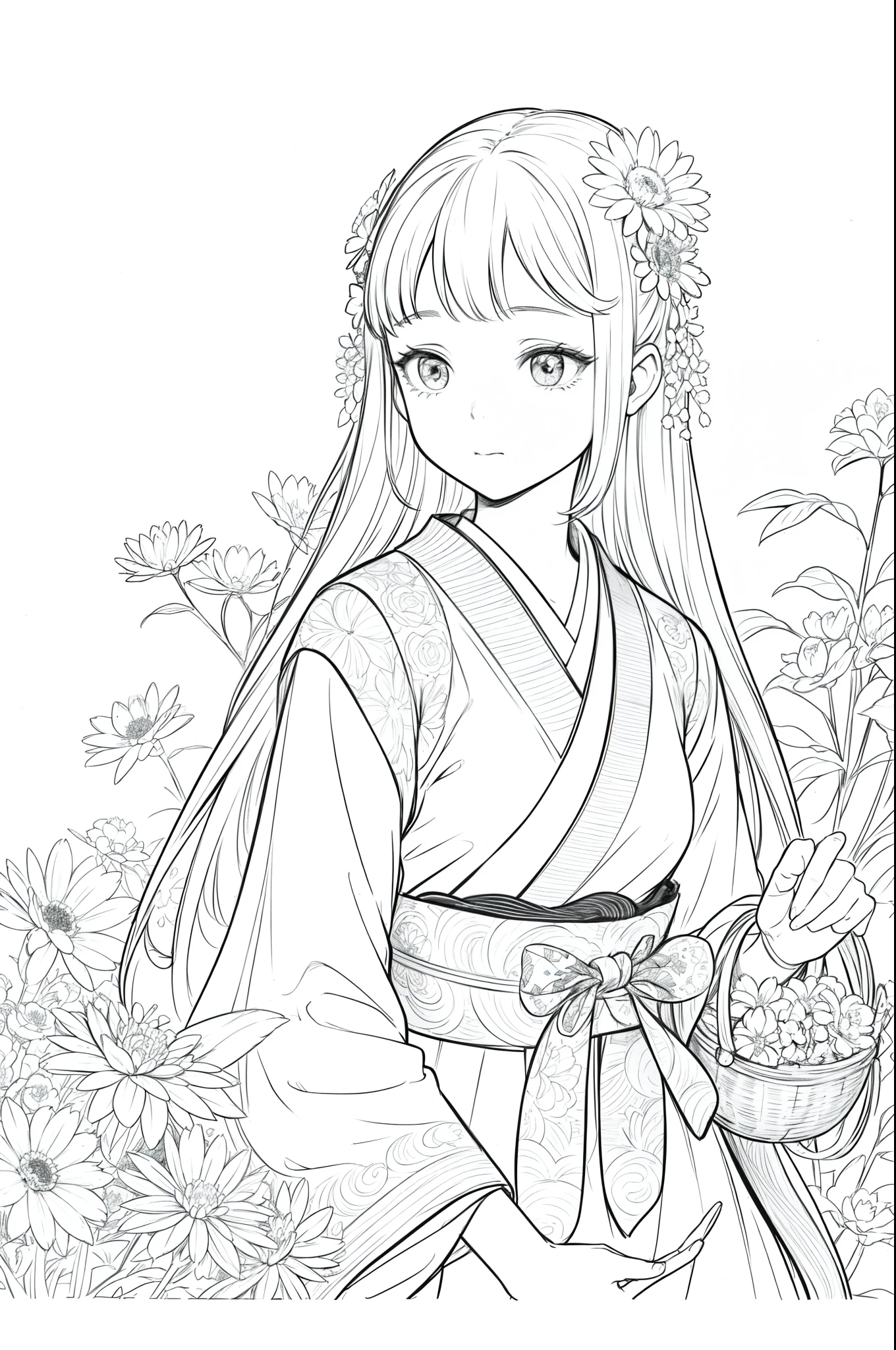 Masterpiece, top class, unique, cute, flowers, line drawing background, white background, monochrome, line drawing, ((sketch)), creepy, white eyes, create a monochrome coloring book that even adults can easily do, arrange flowers in a Japanese garden background, a realistic and cute ukiyo-e of a girl in a kimono, conveying Japanese culture.