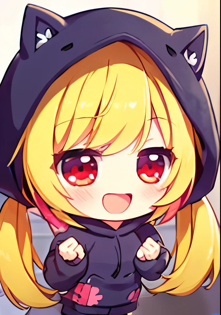 One girl, idol style cartoon character, cute face, big mouth, big smile, smiling face, strong eyes, droopy eyes, kind loving face, bright expression, blond twintail hair, hoodie, pants, focus on face, front view, red eyes, two hands, five fingers, no shadow on background, high resolution