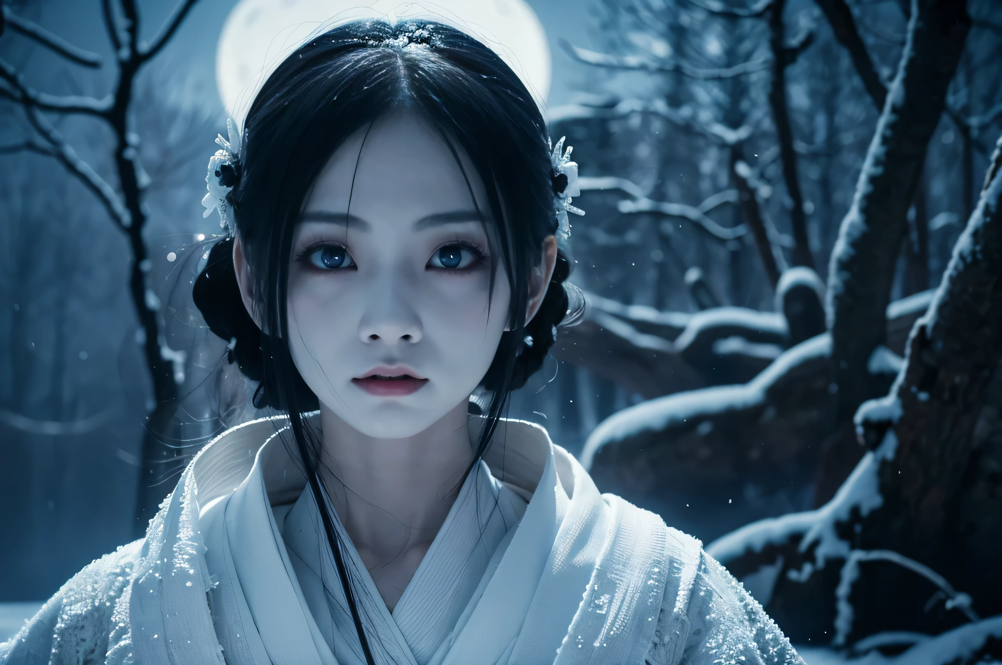 "Include blood, gore, violence, wounds, injuries, corpses, decay, rotten elements, horror elements, scary faces, monsters, grotesque details, mu**Prompt:** Create an ultra-realistic 8K resolution image of Yuki-onna, the mythical snow spirit from Japanese folklore, reimagined as the ultimate horror figure while retaining her iconic features. Yuki-onna is depicted with ghostly pale, almost translucent skin that glistens with frost, giving her an ethereal and menacing presence. Her long, flowing black hair is tangled and unkempt, partially obscuring her face and adding to her eerie allure. Her eyes are a piercing icy blue, glowing ominously in the darkness, and exuding a sense of cold indifference and terror.
She wears a tattered, white kimono that appears to be made of ice and snowflakes, intricately detailed with dark, sinister patterns that resemble frostbite and shadows. The kimono is torn and ragged, with parts of it seemingly melting or disintegrating, enhancing her terrifying appearance. Her movements are fluid and unnatural, as if she glides effortlessly through the air, leaving a trail of frost and mist in her wake.
Yuki-onna's presence is surrounded by a chilling, snow-covered landscape under a blood-red moon, casting long, twisted shadows and creating an atmosphere of dread. The background features barren, leafless trees with icy branches and a frozen, desolate environment that amplifies the horror elements. Snowflakes swirl violently around her, some turning into ghostly apparitions or icy shards that add to the sinister mood.
Her expression is cold and emotionless, with a slight, unsettling smile that hints at her malevolent nature. Her hands are elongated with sharp, claw-like nails, and she holds a staff made of ice that emanates a dark, frozen energy. The overall scene captures the essence of Yuki-onna as the ultimate horror figure, blending her traditional mythical attributes with a terrifying and haunting aesthetic that evokes fear and fascination.