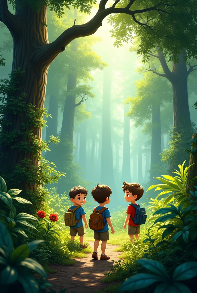 Beutiful nature forest 
with boy,s group  realistic 
