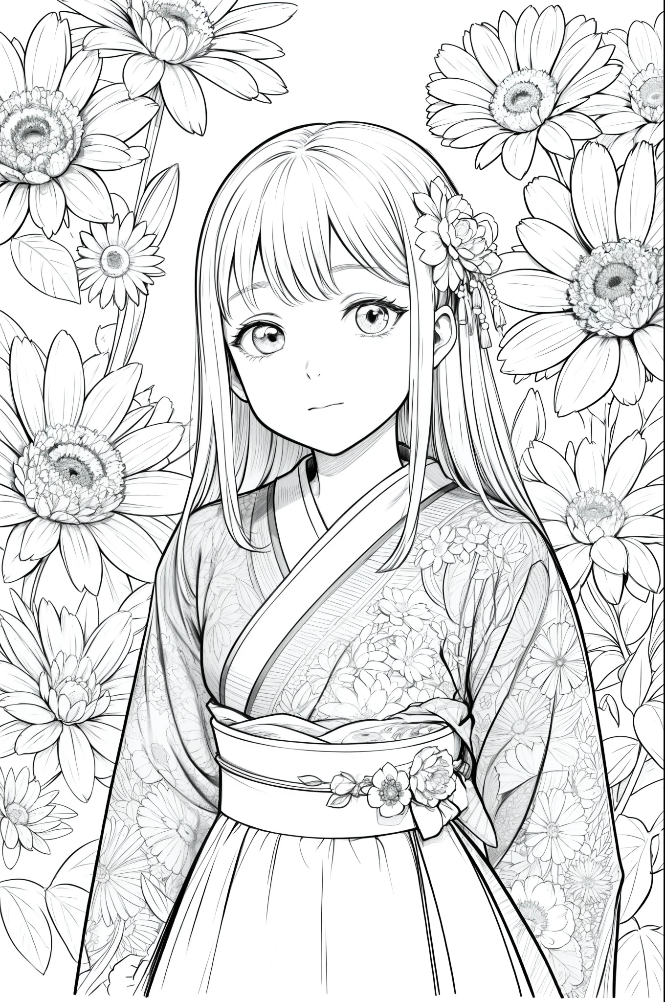 Masterpiece, top class, unique, cute, flowers, line drawing background, white background, monochrome, line drawing, ((sketch)), creepy, white eyes, create a monochrome coloring book that even adults can easily do, arrange flowers in a Japanese garden background, a realistic and cute ukiyo-e of a girl in a kimono, conveying Japanese culture.