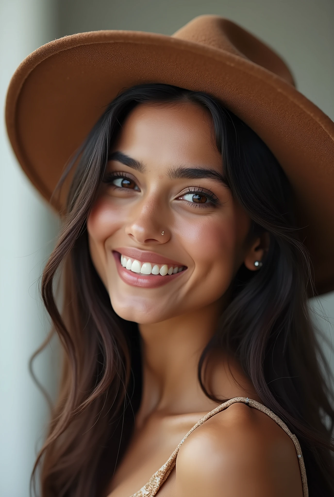 There is a young, Beautiful indian woman, who looks to the future like Katrina Kaif. Smiles into the camera, beautiful teeth. She stands there and looks into the camera, a portrait from raw photo, modern hat,
