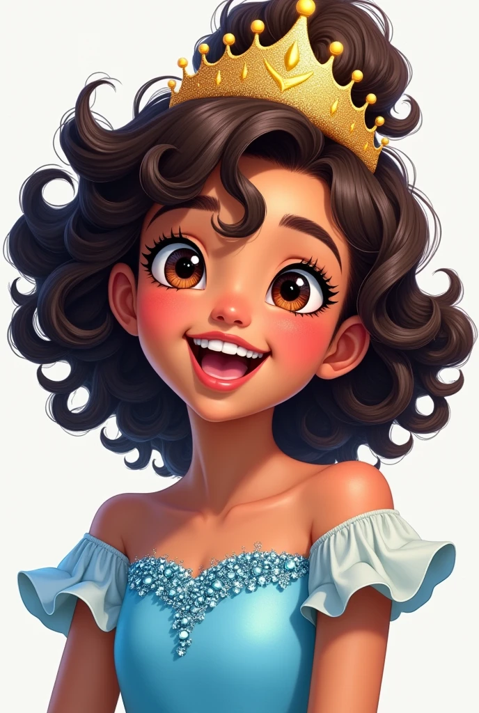 Manga or anime style, girl, mixed race, very curly dark brown hair styled, a golden tiara in the hair, Brown eyes, light blue dress with blue sequins on top.
she laughs