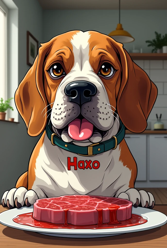Un gros vieux beagles mangeant un steak avec un collier écrit Haxo. En personnage de manga.