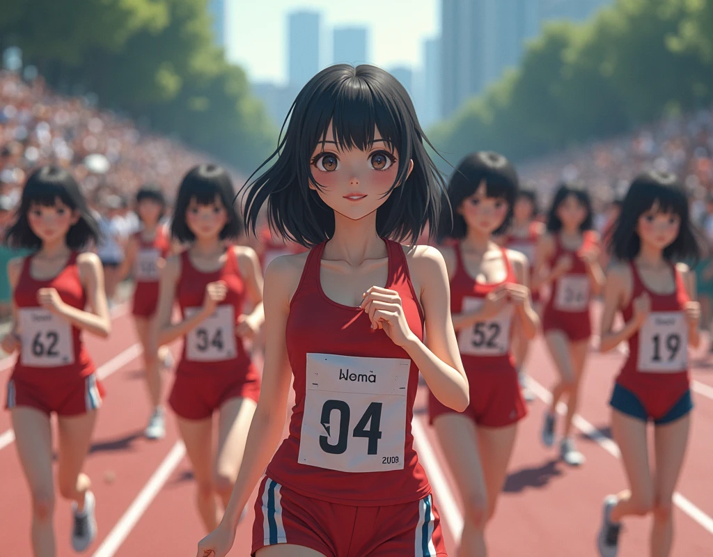 (No need for a center subject in the foreground), (Japanese Clone-girls=Myself), (Super Best masterpiece Clone-girls Raw Photography Art), (16K, Highest quality, Ultra-high resolution, RAW Photos), (It&#39;s so unrealistic., With unparalleled depiction, With an unfathomable sight, An unprecedented and shocking worldview, Clone-girls: In a world of mass reproduction, Ultra-realistic depiction), (Japanese Girls, Hamabe-Minami, 16yo), (Small face, Thick black hair, Short Hair, Dark Eyes, Mature face, Cute Smile), (Serious expression), (Very beautiful and detailed girl, Accurate body structure, Accurate body movements, Very detailed body), (Super big breasts, Large bulge of ample breasts), (Track and field uniforms, Emphasise the fullness of your breasts), (Very detailed, Myself cloning, Depiction of splitting oneself, 1Myself girl→1,000,000,000,000,000,000,000,000,000,000Myself cloning girls), (Myself clone girlsは, With the same perfect appearance, to multiply in large numbers), (Very detailed depiction, Myself&#39;s multiplying female body, In the same female body,With the same face, With the same hairstyle, In the same clothes, At the same height, 同じSuper big breastsで, A completely indistinguishable female body, 1,000,000,000,000,000,000,000,000,000,000 people), (Myself girls only), (1,000,000,000,000,000,000,000,000,000,000Myself girls), Women's Marathon, competition, Powerful running depiction, Several groups formed, A crowd of cheerers along the route, The players and the support are all mine, Shooting can be done from anywhere, Keep your eyes straight
