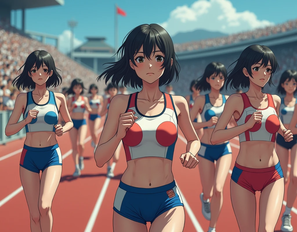 (No need for a center subject in the foreground), (Japanese Clone-girls=Myself), (Super Best masterpiece Clone-girls Raw Photography Art), (16K, Highest quality, Ultra-high resolution, RAW Photos), (It&#39;s so unrealistic., With unparalleled depiction, With an unfathomable sight, An unprecedented and shocking worldview, Clone-girls: In a world of mass reproduction, Ultra-realistic depiction), (Japanese Girls, Hamabe-Minami, 16yo), (Small face, Thick black hair, Short Hair, Dark Eyes, Mature face, Cute Smile), (Serious expression), (Very beautiful and detailed girl, Accurate body structure, Accurate body movements, Very detailed body), (Super big breasts, Large bulge of ample breasts), (Track and field uniforms, Emphasise the fullness of your breasts), (Very detailed, Myself cloning, Depiction of splitting oneself, 1Myself girl→1,000,000,000,000,000,000,000,000,000,000Myself cloning girls), (Myself clone girlsは, With the same perfect appearance, to multiply in large numbers), (Very detailed depiction, Myself&#39;s multiplying female body, In the same female body,With the same face, With the same hairstyle, In the same clothes, At the same height, 同じSuper big breastsで, A completely indistinguishable female body, 1,000,000,000,000,000,000,000,000,000,000 people), (Myself girls only), (1,000,000,000,000,000,000,000,000,000,000Myself girls), Women's Marathon, competition, Powerful running depiction, Several groups formed, A crowd of cheerers along the route, The players and the support are all mine, Shooting can be done from anywhere, Keep your eyes straight