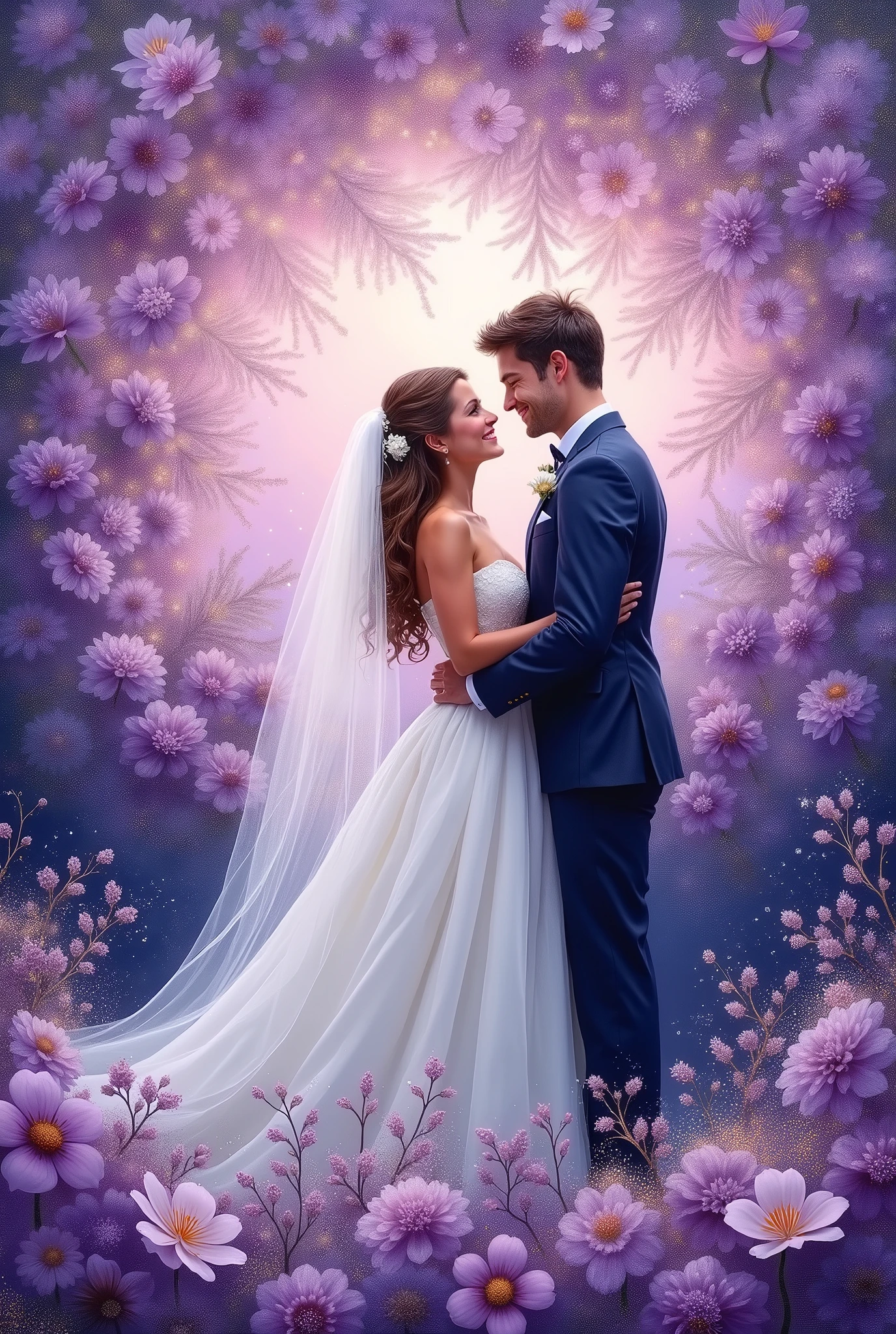 painting of happy bride and groom looking at each other around a mandala of purple and white flowers