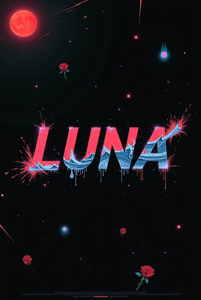 High resolution, red moon that bleeds, logo spelling swiftly “Luna” cool, Jdm theme, anime theme, Cyberpunk vibe name spelling, brand logo, logo for tshirt, brand logo “LUNA”, neon vibes, acid trip vibes, acid trip, shooting stars, acid trip inside “LUNA”, acid trip, hallucinations inside “LUNA”, Waves of hallucinations, splash, waves of futuristic hallucinations, red moon hallucinations, stars in the background, red roses that bleed, ghosts, 