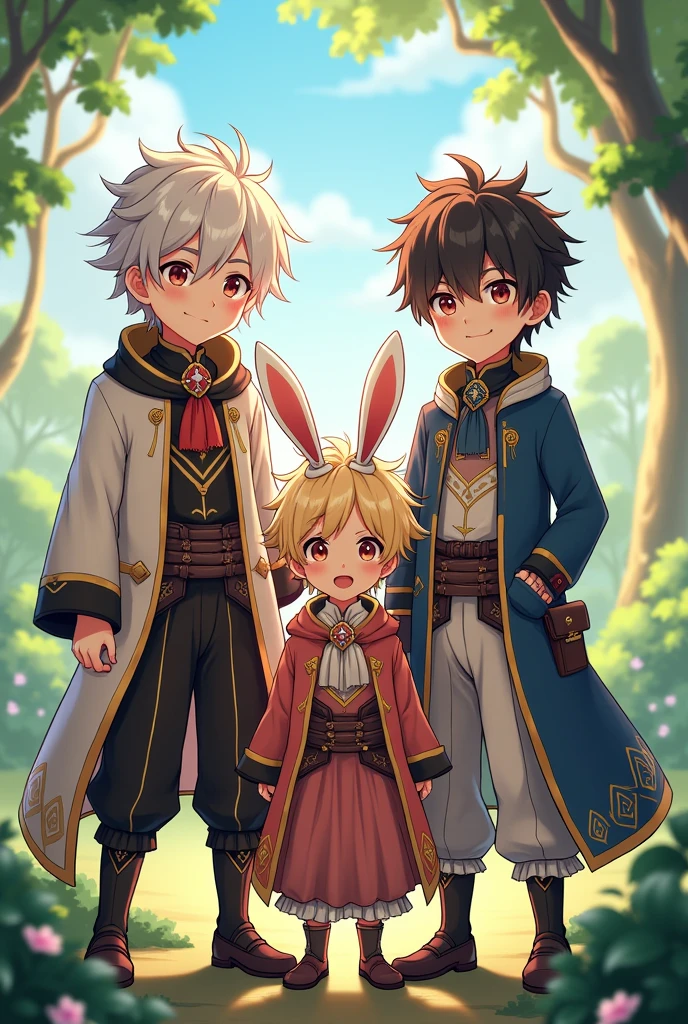 Genshin Impact, four brother, dark skin, fantasy, young, family photo, fluffy hair, different expressions, youngest one with bunny ears, outside, fantasy outfits. One angry, youngest smiling, oldest smiling 