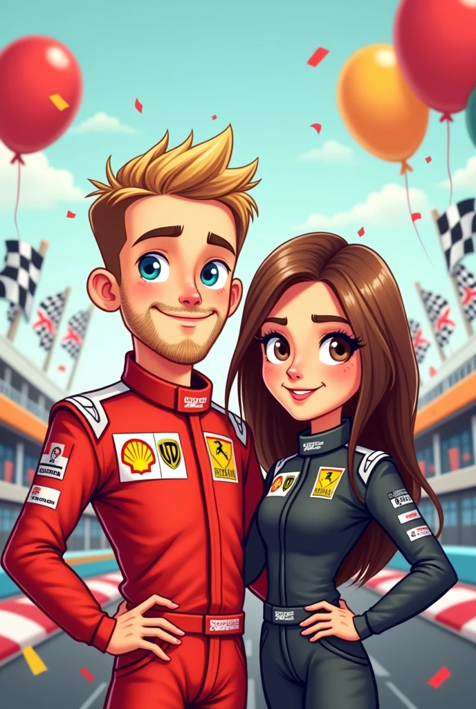 Cute cartoon style design for a birthday card of a couple of formula 1 drivers, he is blond with blue eyes and a thin, short beard wearing red clothes, and she has straight light brown hair, white skin and brown eyes in black and gray clothes.