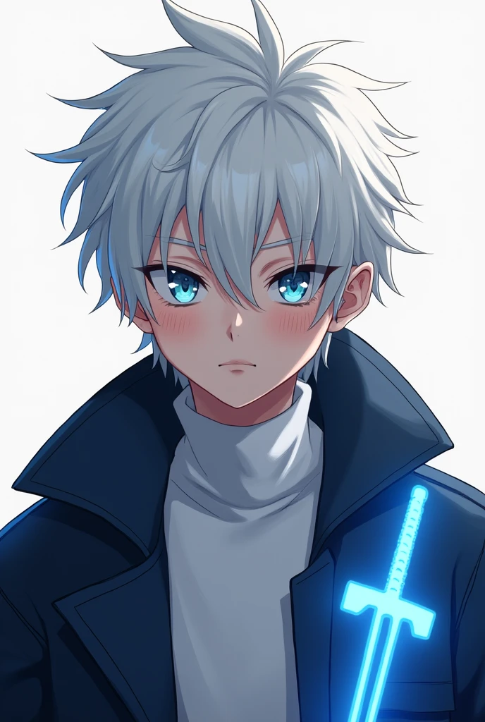 An 16 y/o anime boy with white hair dark blue jacket (no big collars) white under turtleneck and an neon blue Sword logo on his jacket  with serious emothion