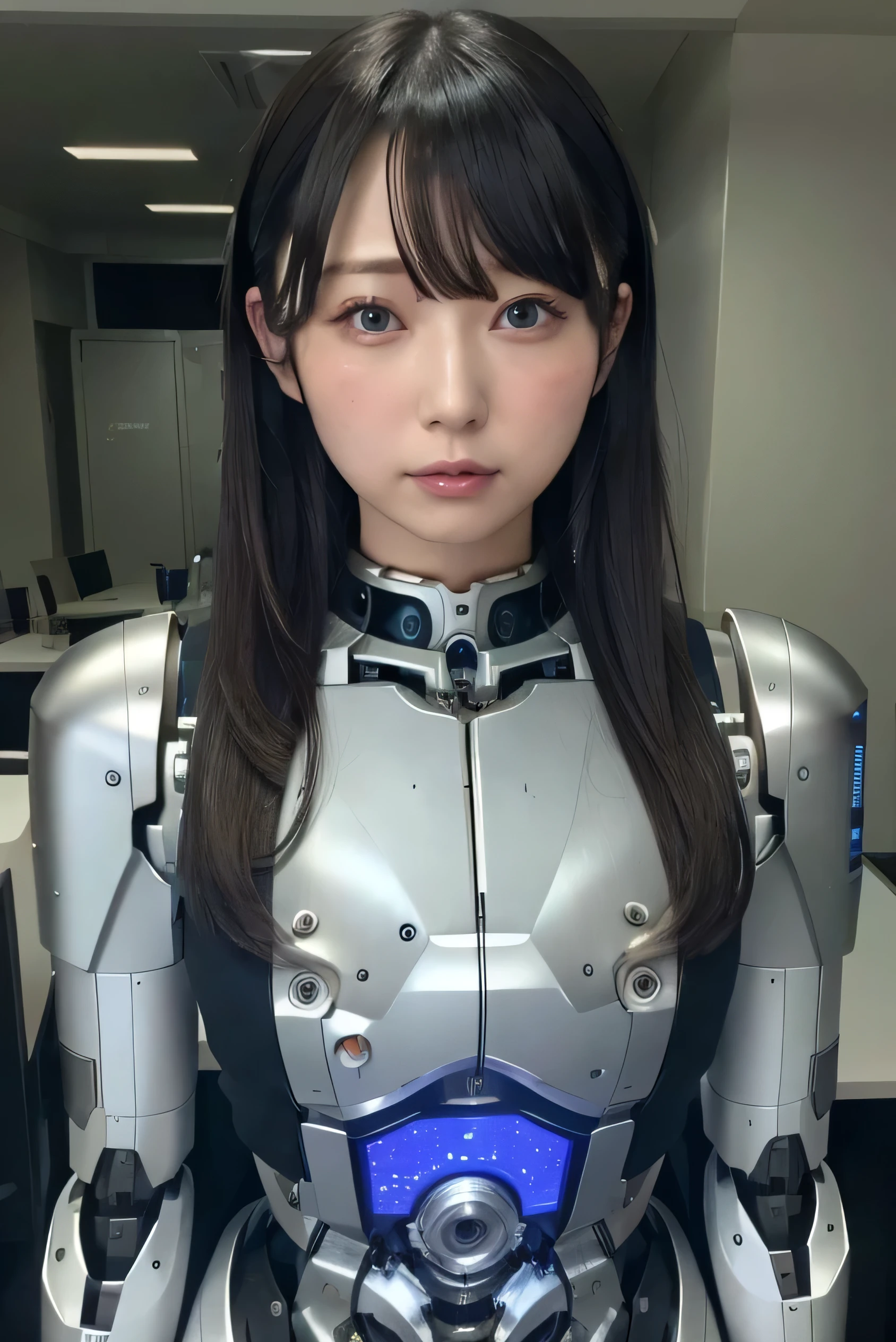 masterpiece, best quality, extremely detailed, Japaese android girl,Plump , control panels,android,Droid,Mechanical Hand, Robot arms and legs, Black Robot Parts,Black hair,Mechanical body,Blunt bangs,White robotics parts,perfect robot girl,future information counter,reception,long tube,thick cable connected her neck,ceramic body ,mechanical body,mechanical costume,android,robot,humanoid,cyborg,information office,japanese android receptionist ,mechanical chest,blue eyes,office-lady