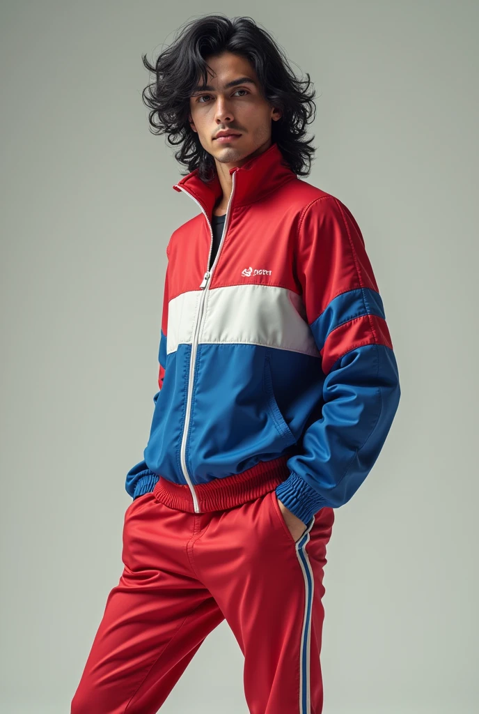 handsome young guy, dressed in a red, blue and white tracksuit from the 80s, he has grey eyes , he has long black curly hair , and has pale skin