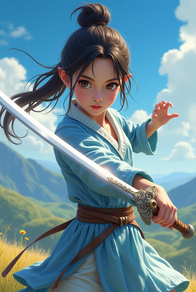A girl with sward in light blue cloths realistic