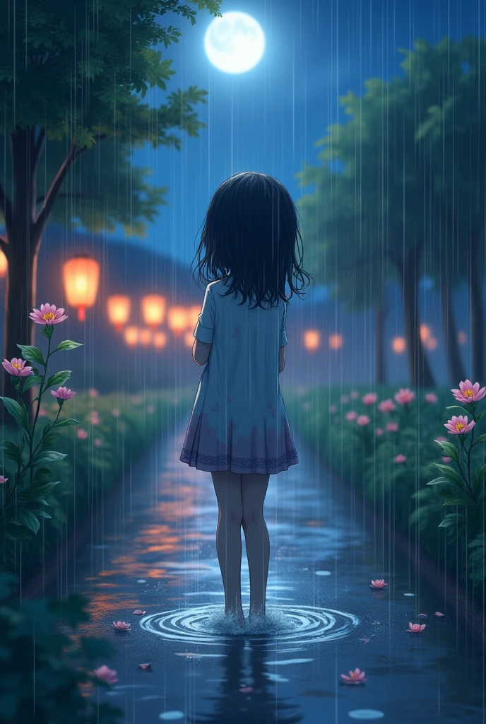visual image or photograph,long site shot photo,moonlit night , bathing in the rain.highlight the depth of field and quality, conveying a sense of happiness and a good life despite the rainy weather, ghost face and cute girl sister, pumping light, Rainey sesson,lantern festival light, bathing in rain,tree flower.