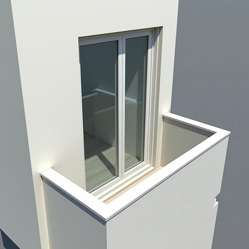 A professional and realistic image depicting the finished window slopes (reveals) around a balcony block, which includes both a window and a door. The image highlights the clean and precise installation of the window slopes, seamlessly integrating with both the window and door frames. The finishing is smooth and modern, enhancing the overall appearance of the balcony block. The scene is well-lit, showcasing the quality craftsmanship and attention to detail, emphasizing the expertise and reliability of the window and balcony block installation and finishing services offered by the company.