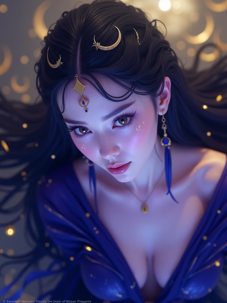 a majestic female goddess, dark purple and blue color palette, yellow accents, black hair, dark aura, ethereal, ornate intricate details, dramatic lighting, photorealistic, 8k, high resolution, hyper detailed, award-winning digital art, cinematic composition, chiaroscuro lighting