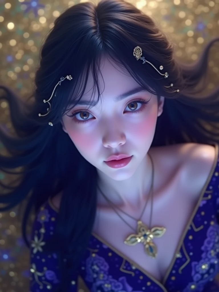 a majestic female goddess, dark purple and blue color palette, yellow accents, black hair, dark aura, ethereal, ornate intricate details, dramatic lighting, photorealistic, 8k, high resolution, hyper detailed, award-winning digital art, cinematic composition, chiaroscuro lighting