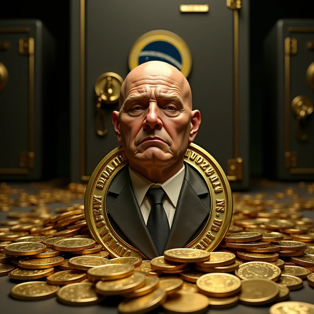 Bald man minted on gold coin, completamente careca, no mustache or beard, descreve um ditador careca brazileiro chorando, sad and worthless, with suit and tie, brazileiro, Brazilian flag minted on the coin, just a coin standing facing the round camera, with some minted details, giving impression of value, Ao fundo, piles of coins and safes, ultra wide angle image with high definition