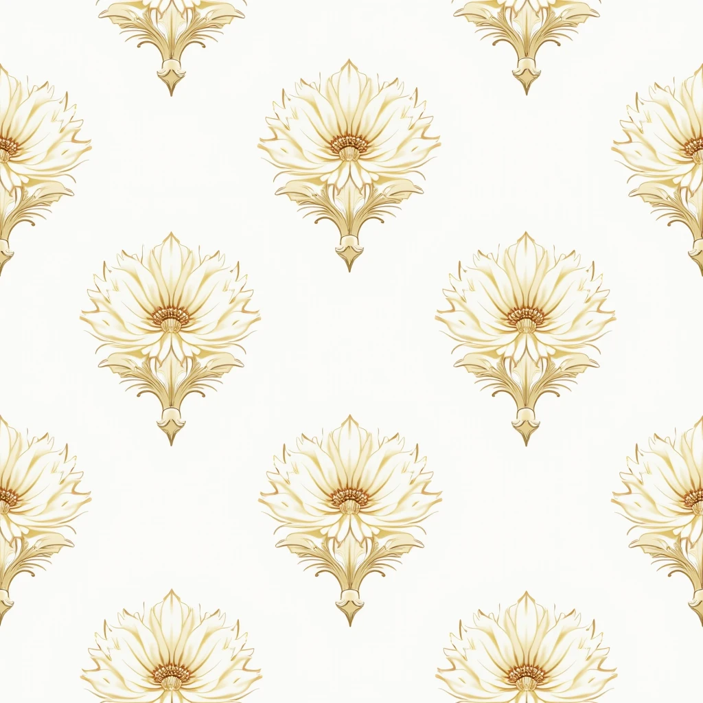 A seamless pattern of a damask design with a floral theme. The pattern consists of large, stylized flowers with intricate details. The flowers are arranged in a symmetrical manner. The background is white. The pattern has a vintage feel to it.