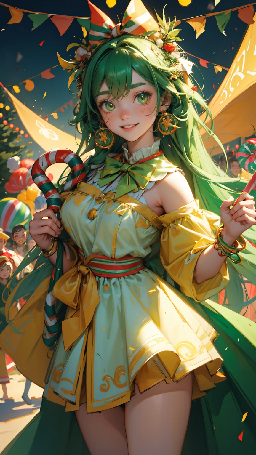 zoom out image, not zoom in, zoom out images A beautiful, cute girl with bright, cheerful eyes and a big, playful smile, dressed in a fluffy green carnival costume with colorful accessories, holding a large candy cane in one hand. She is standing in the middle of a lively 'Green Candle Carnival,' surrounded by glowing green candles with flames, colorful bunting flags hanging between tall evergreen trees, and vibrant confetti falling all around. In the background, a green bar chart with candle flames represents the carnival theme, with various festive elements like candy canes, balloons, and striped tents enhancing the joyful, fun-filled atmosphere. The scene is saturated with green hues, creating an energetic and celebratory vibe