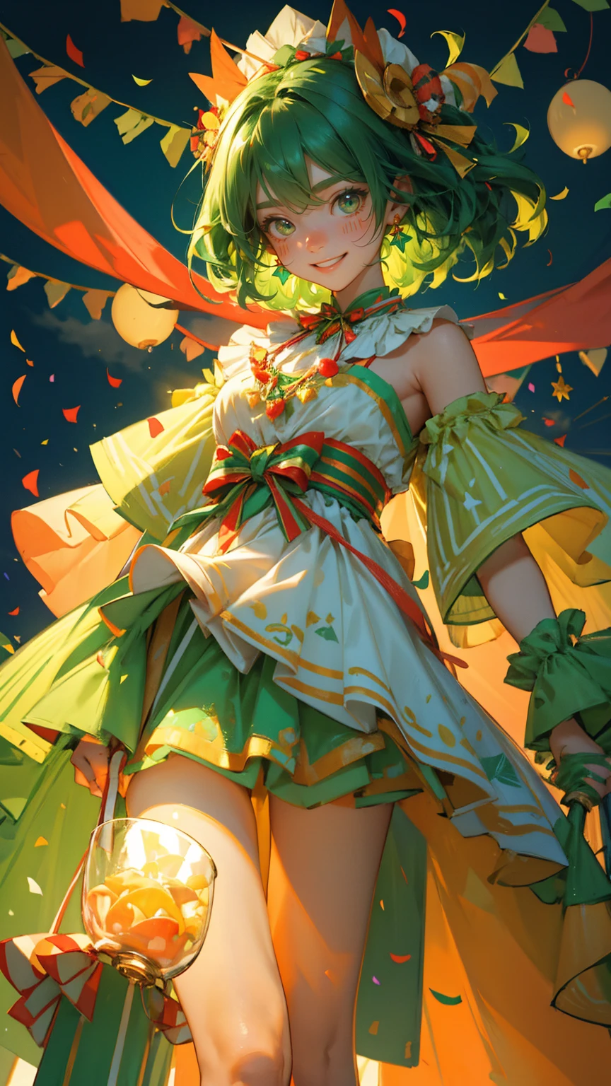 zoom out image, not zoom in, zoom out images A beautiful, cute girl with bright, cheerful eyes and a big, playful smile, dressed in a fluffy green carnival costume with colorful accessories, holding a large candy cane in one hand. She is standing in the middle of a lively 'Green Candle Carnival,' surrounded by glowing green candles with flames, colorful bunting flags hanging between tall evergreen trees, and vibrant confetti falling all around. In the background, a green bar chart with candle flames represents the carnival theme, with various festive elements like candy canes, balloons, and striped tents enhancing the joyful, fun-filled atmosphere. The scene is saturated with green hues, creating an energetic and celebratory vibe