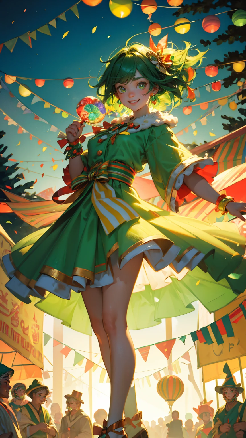 zoom out image, not zoom in, zoom out images A beautiful, cute girl with bright, cheerful eyes and a big, playful smile, dressed in a fluffy green carnival costume with colorful accessories, holding a large candy cane in one hand. She is standing in the middle of a lively 'Green Candle Carnival,' surrounded by glowing green candles with flames, colorful bunting flags hanging between tall evergreen trees, and vibrant confetti falling all around. In the background, a green bar chart with candle flames represents the carnival theme, with various festive elements like candy canes, balloons, and striped tents enhancing the joyful, fun-filled atmosphere. The scene is saturated with green hues, creating an energetic and celebratory vibe