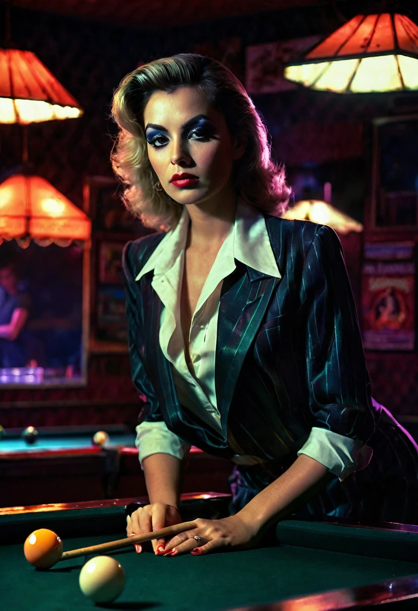 a woman in a dimly lit american pool hall in the 1980s, playing billiards, wearing revealing clothes, seductive expression, heavy shadows, dramatic makeup, sitting on the edge of the table and making eyes at the viewer, photorealistic, highly detailed, cinematic lighting, moody atmosphere, neon lights, smoky interior, depth of field, richly textured, glowing skin, dramatic pose