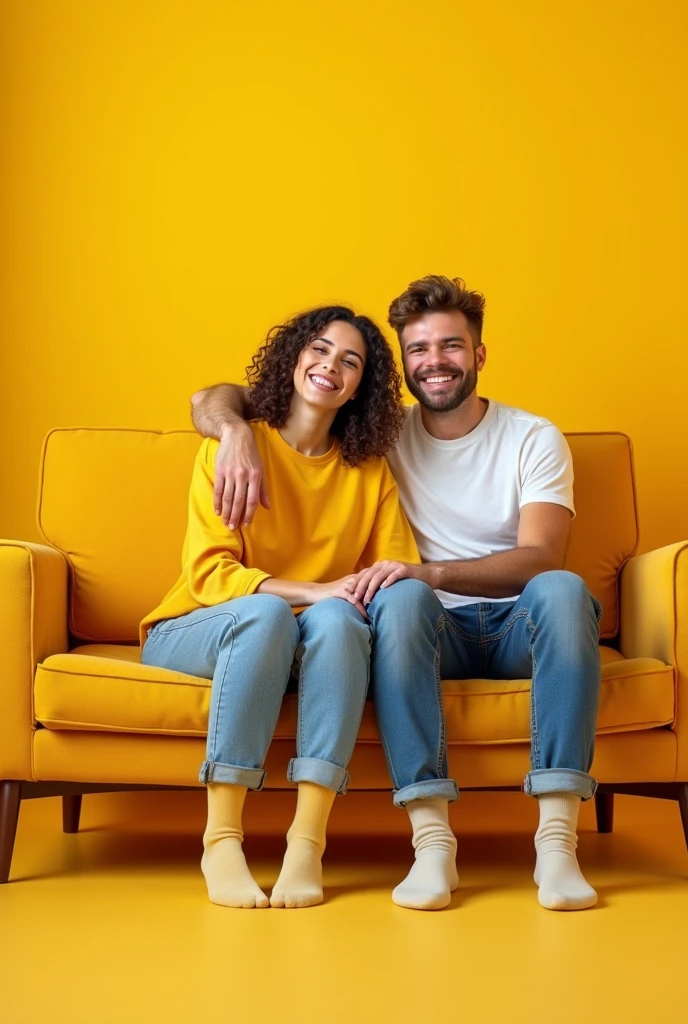  (Photorealism: 1.2), happy woman, happy man, comfortable clothes, people wearing socks, yellow background, studio, comfortable pose wearing socks, socks, bright lighting